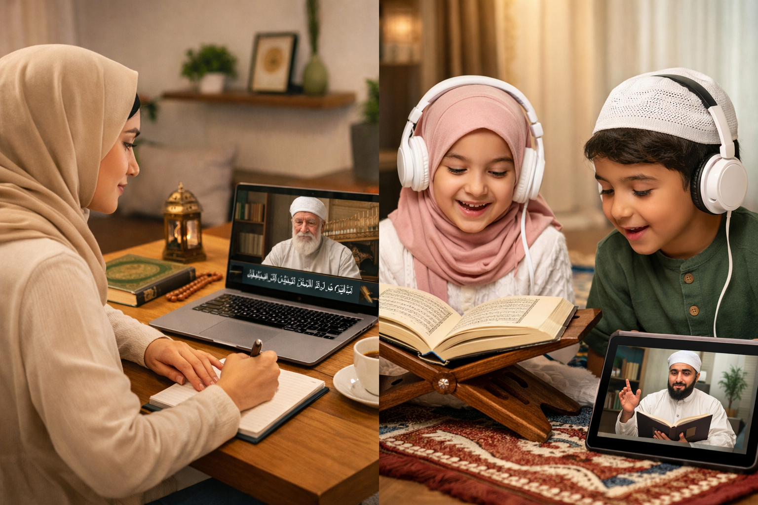 A teacher and children learning Qur'an online from home with digital devices.